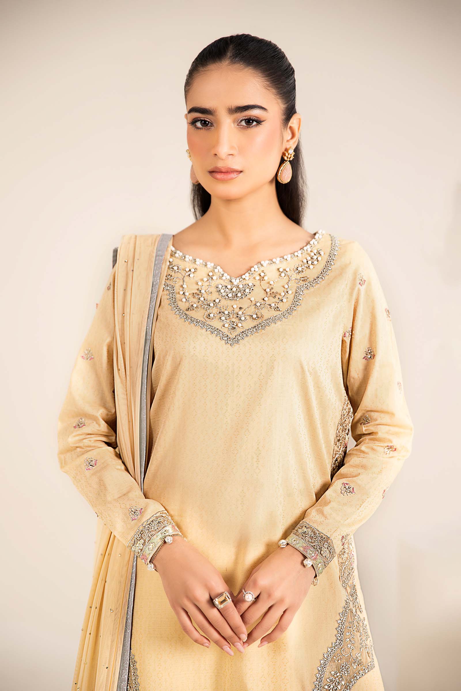 Pale Yellow Embroidered Dobby Lawn Gharara Suit (3-Piece) - Image 4