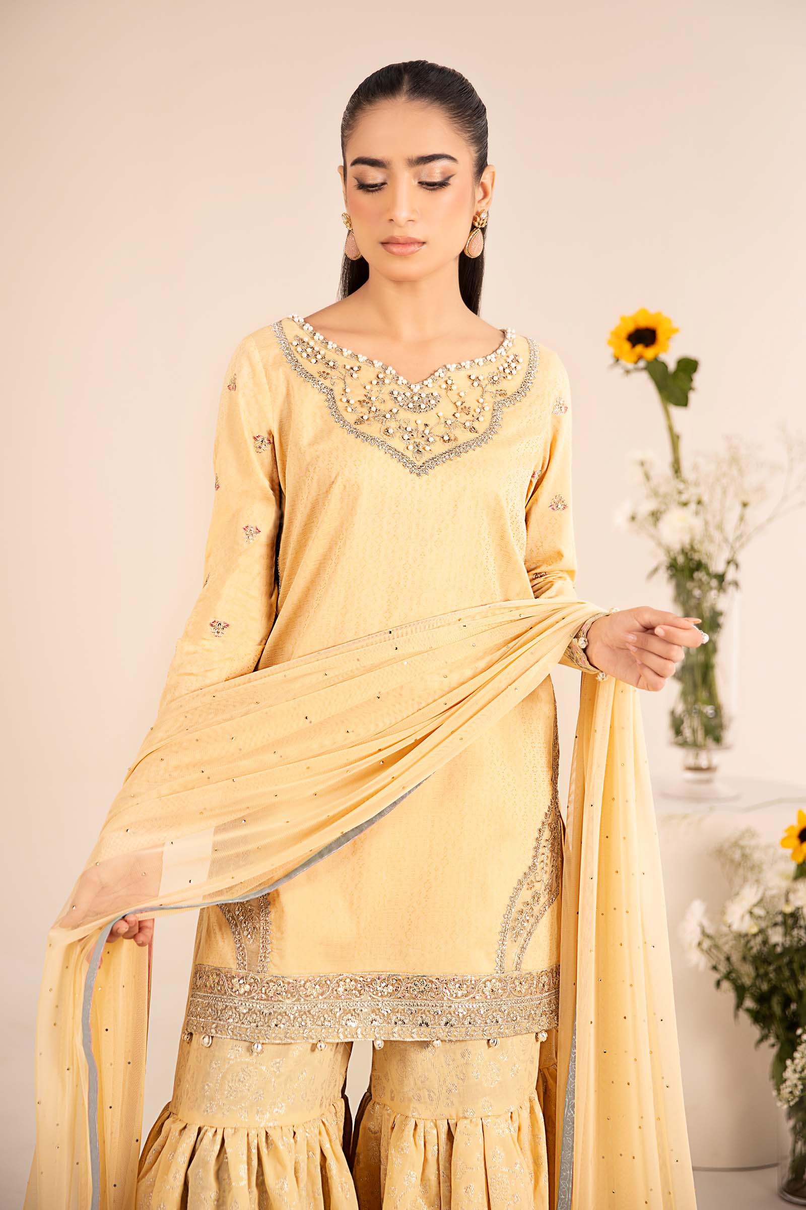 Pale Yellow Embroidered Dobby Lawn Gharara Suit (3-Piece) - Image 5