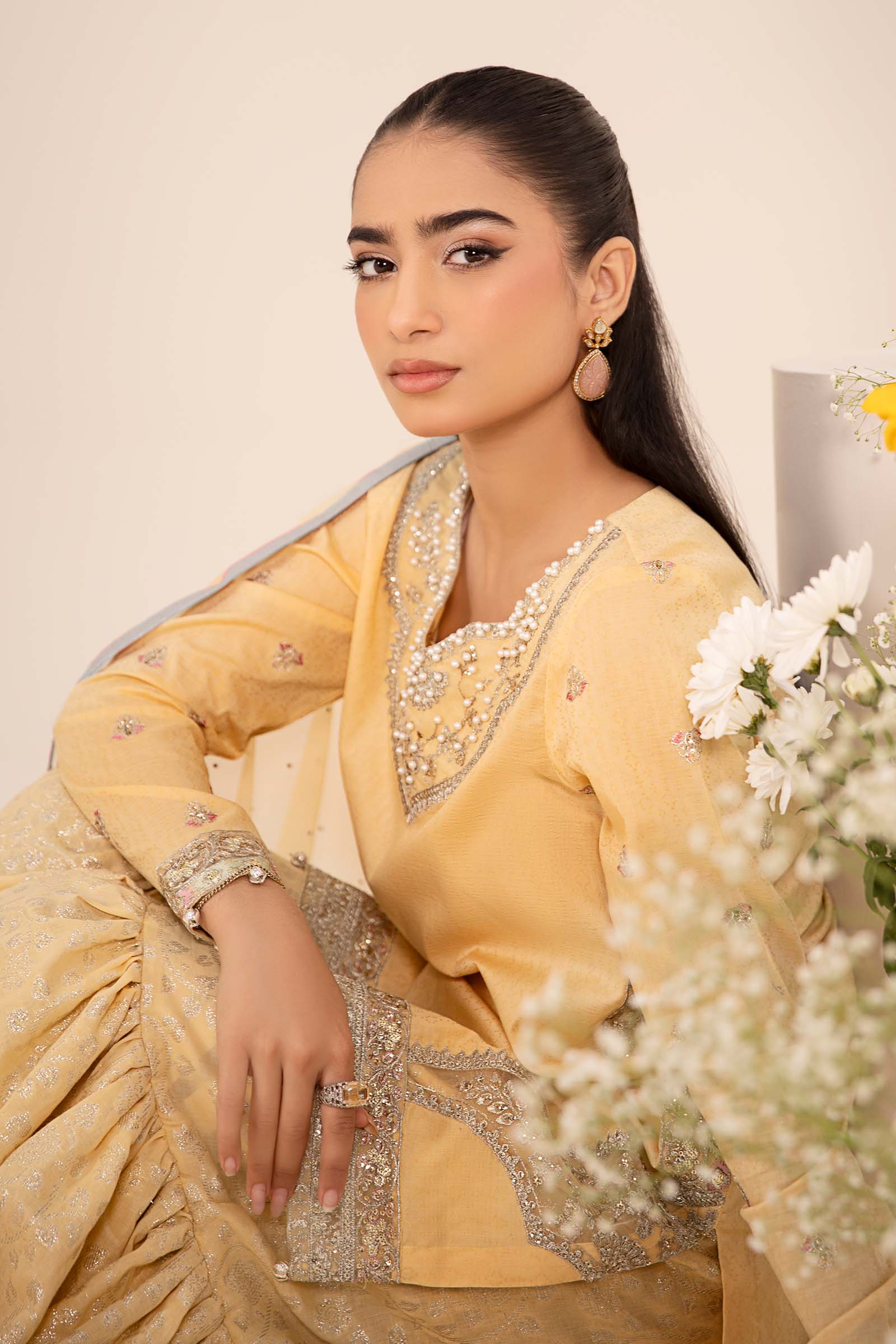 Pale Yellow Embroidered Dobby Lawn Gharara Suit (3-Piece) - Image 6