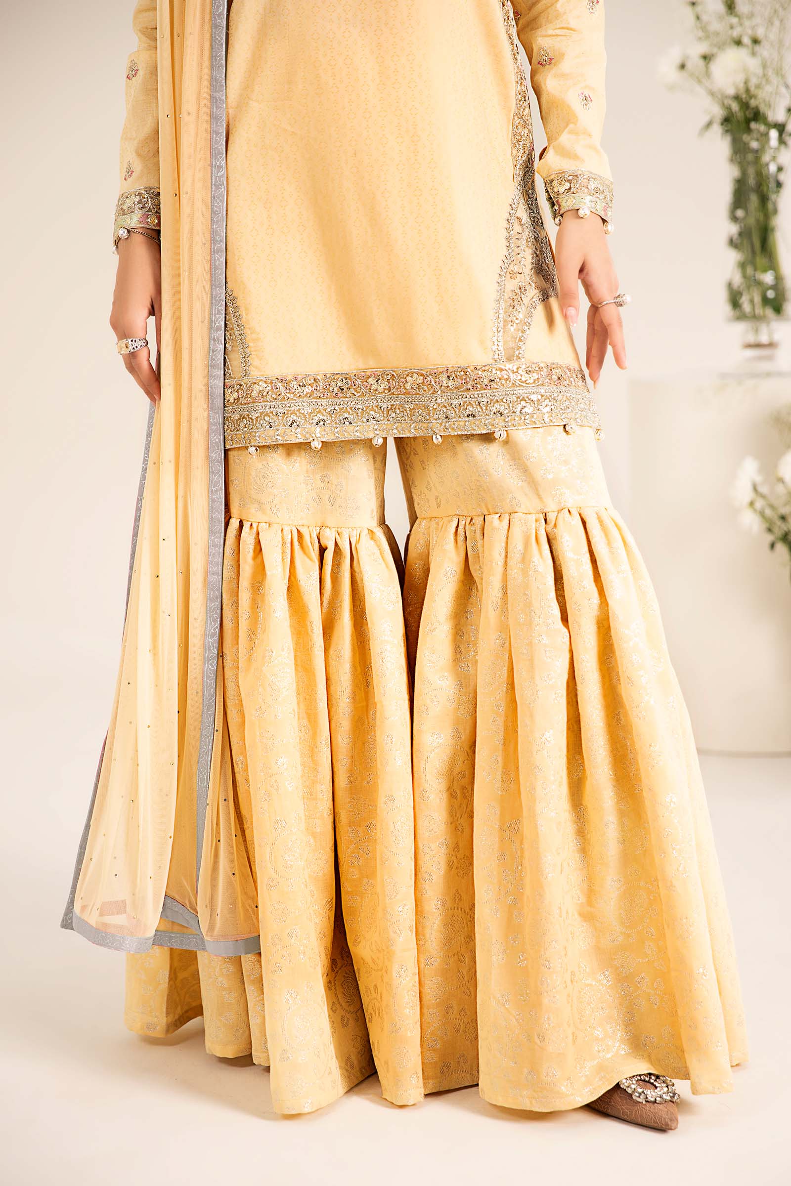 Pale Yellow Embroidered Dobby Lawn Gharara Suit (3-Piece) - Image 7
