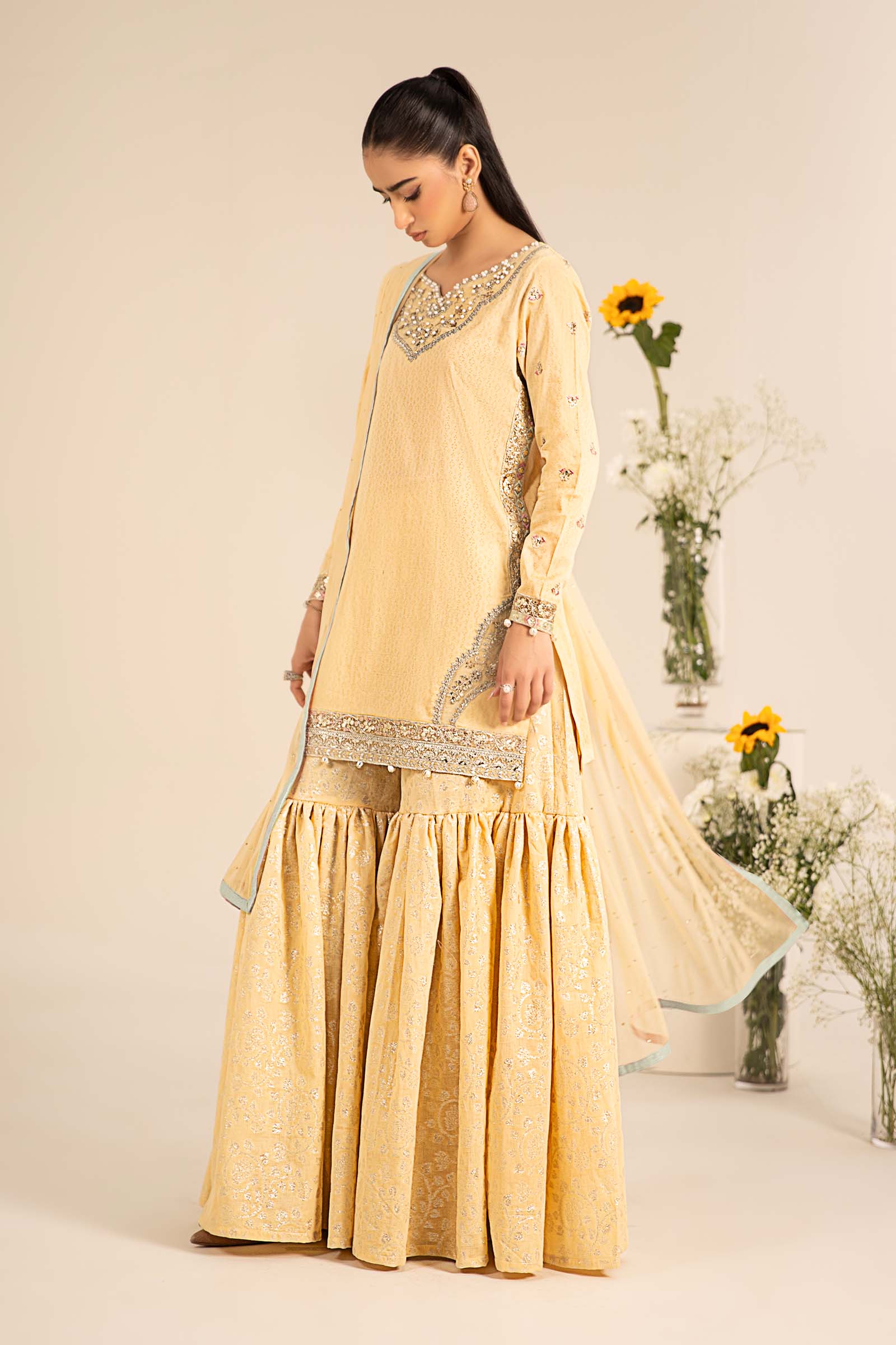 Pale Yellow Embroidered Dobby Lawn Gharara Suit (3-Piece) - Image 8