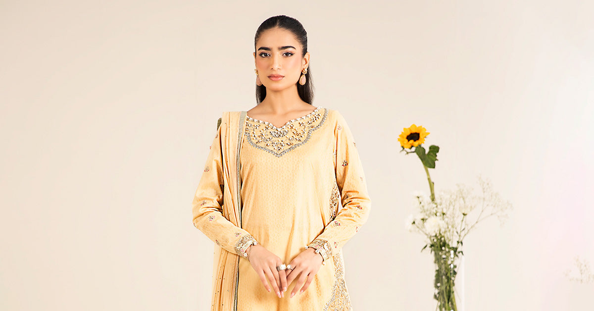Pale Yellow Embroidered Dobby Lawn Gharara Suit (3-Piece) - Image 9