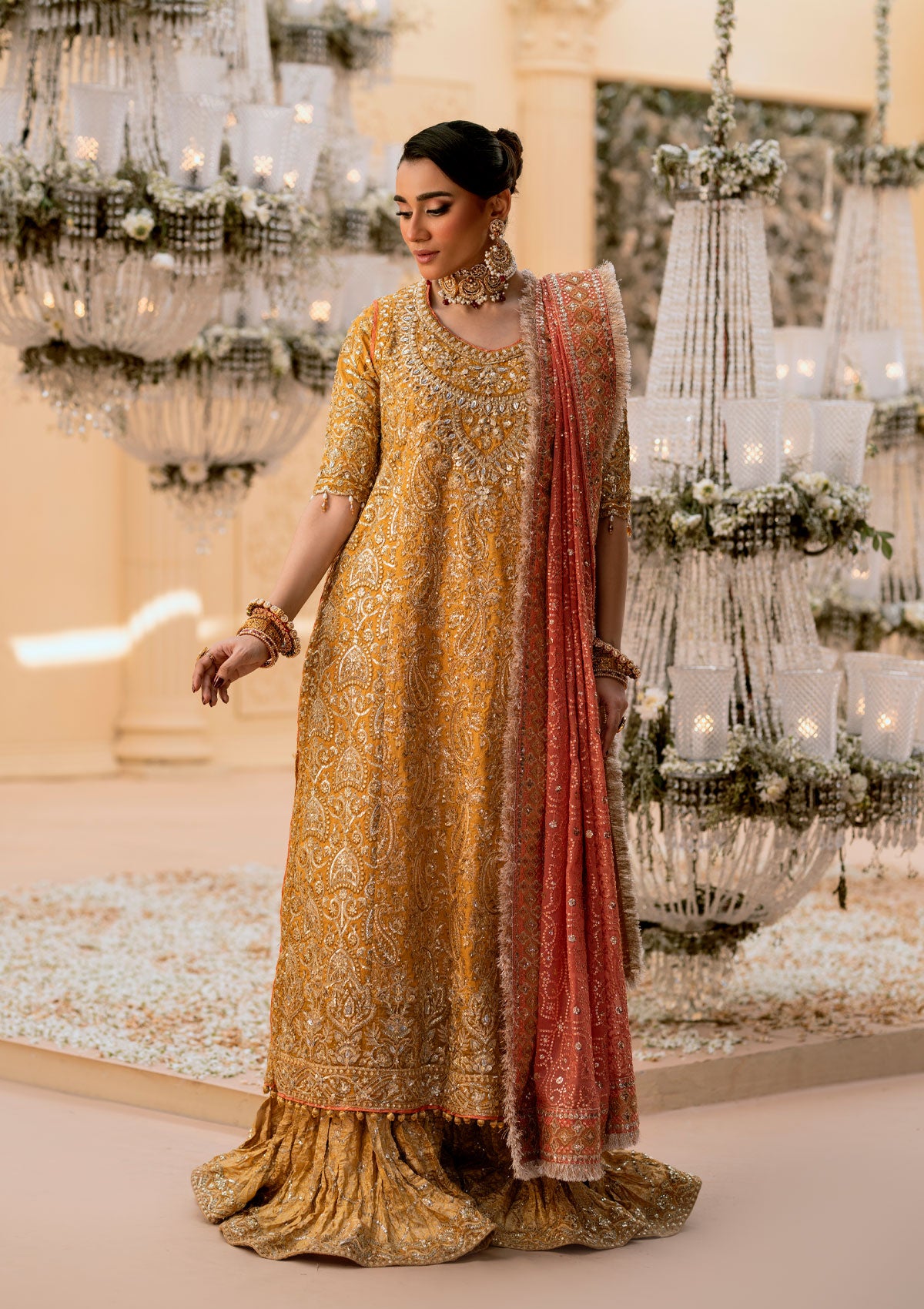 Pakistani Mustard Embroidered Khaadi Net Gharara (3-Piece) - Image 2