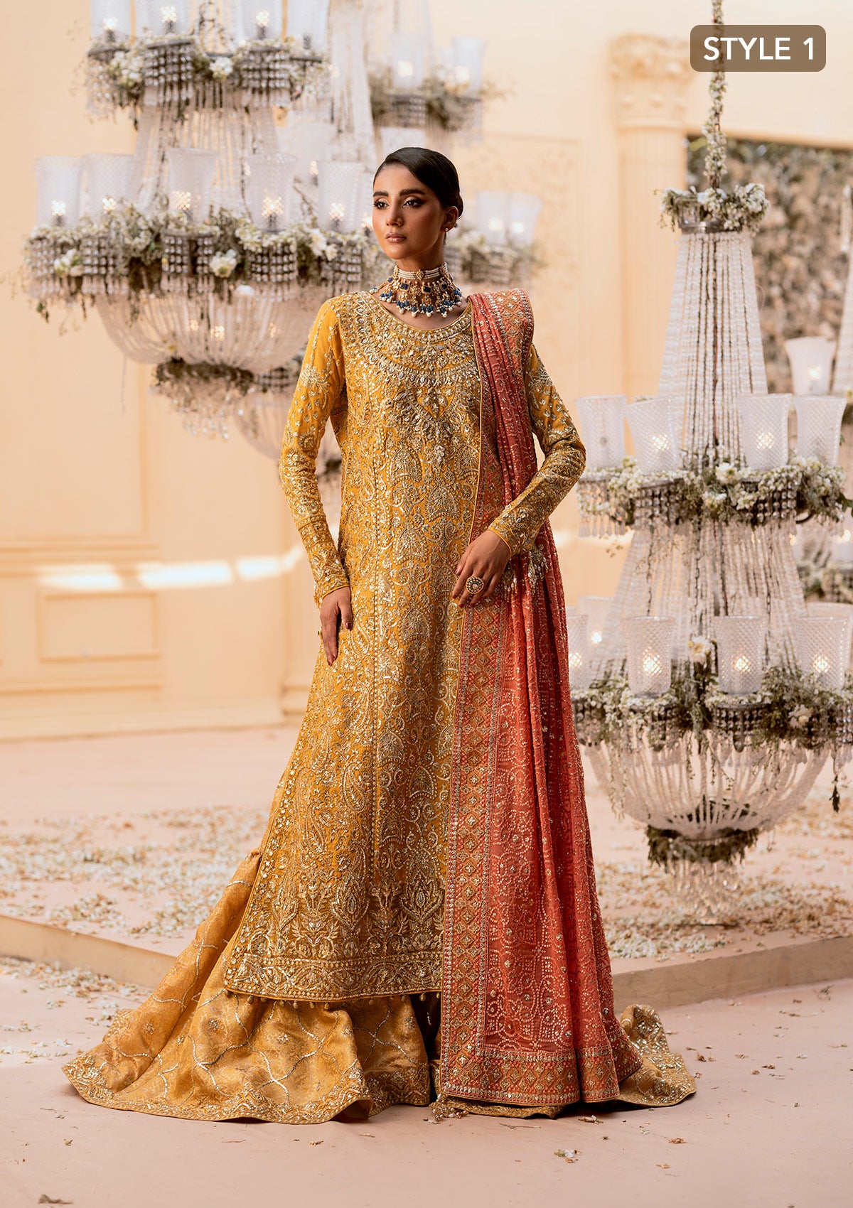 Pakistani Mustard Embroidered Khaadi Net Gharara (3-Piece) - Image 3