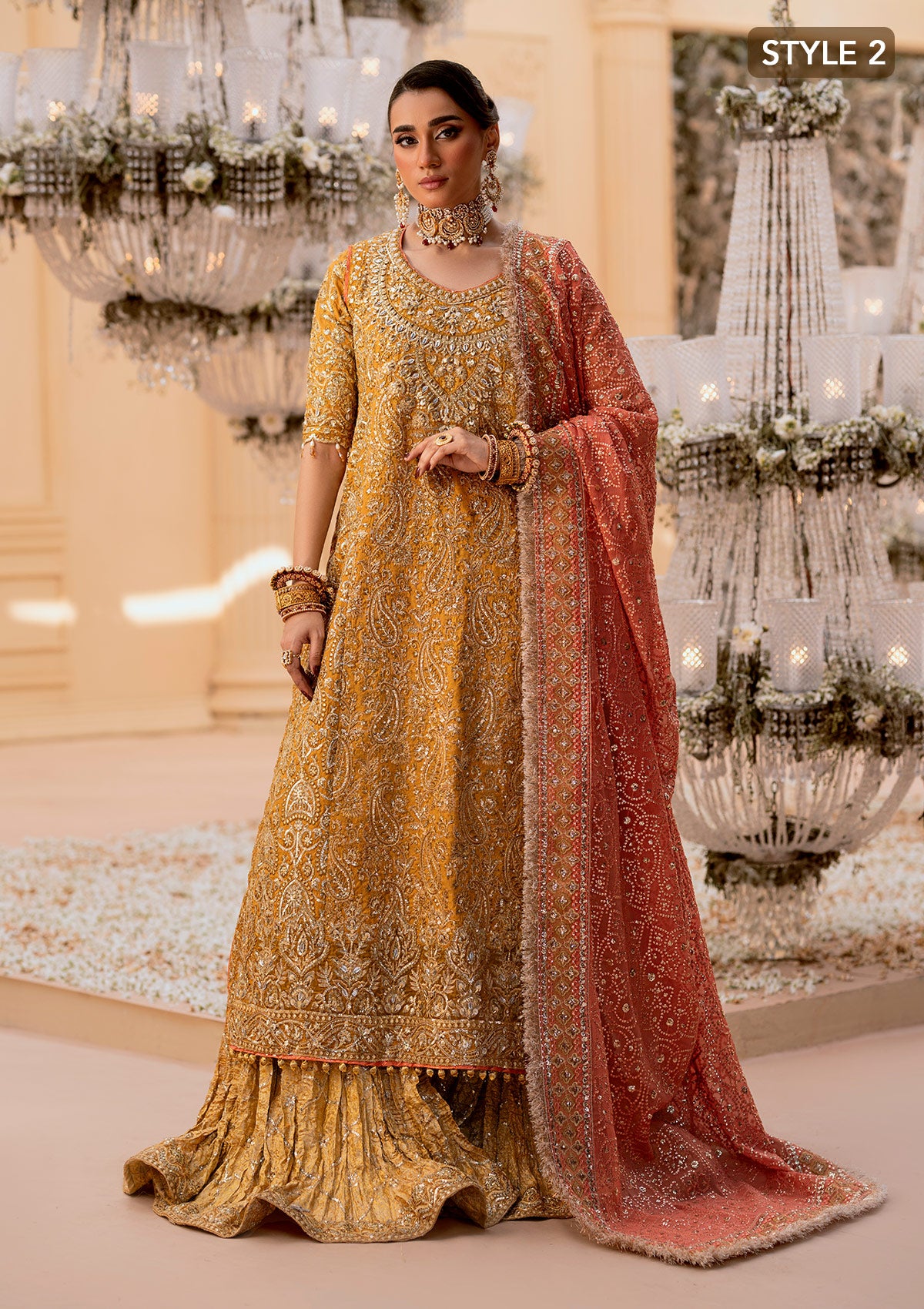 Pakistani Mustard Embroidered Khaadi Net Gharara (3-Piece) - Image 9