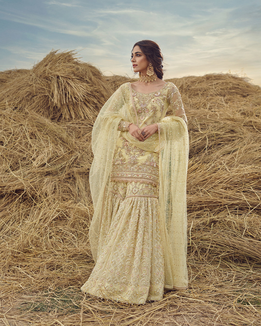 Pastel Yellow Hand-Embellished Net Gharara (3-Piece) - Image 1