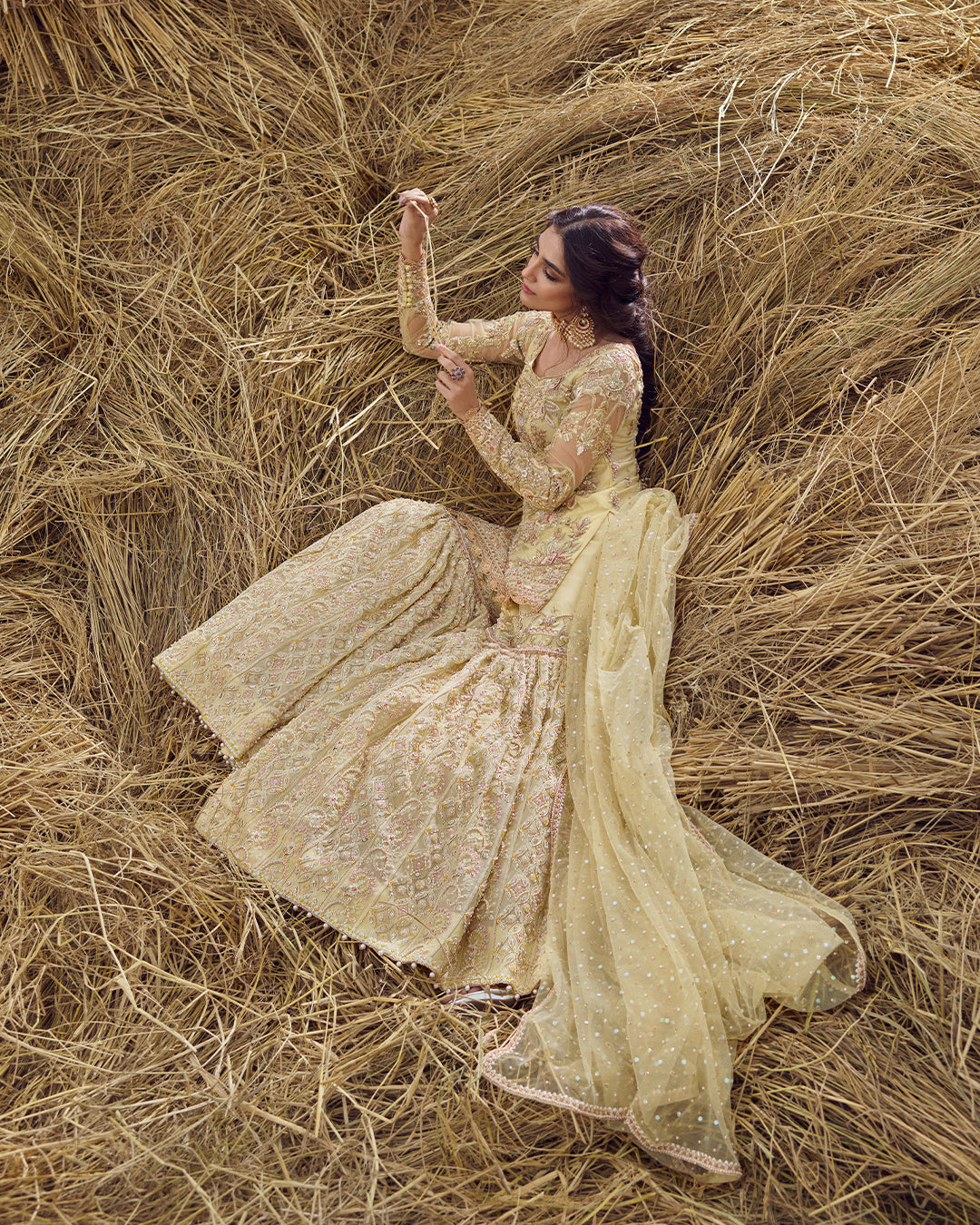 Pastel Yellow Hand-Embellished Net Gharara (3-Piece) - Image 2