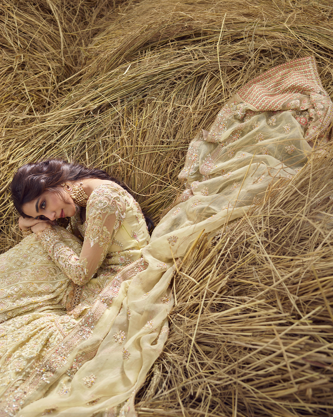 Pastel Yellow Hand-Embellished Net Gharara (3-Piece) - Image 3