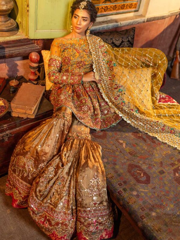 Pakistani Ochre Embroidered Velvet Bridal Gharara (3-Piece) - Image 1