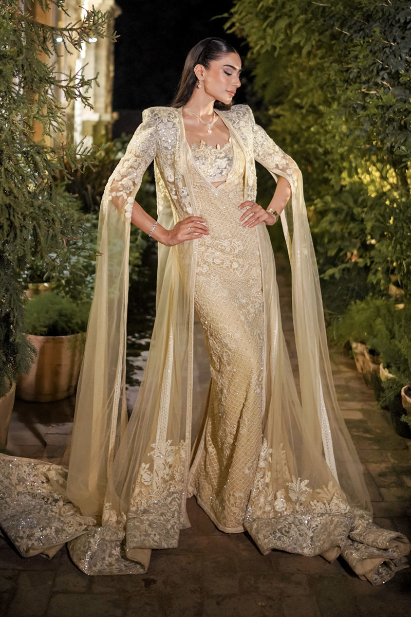 Pastel Yellow Brocade Embroidered Gown (2-Piece) - Image 1