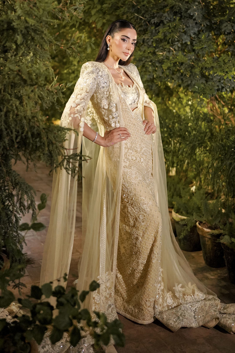 Pastel Yellow Brocade Embroidered Gown (2-Piece) - Image 2