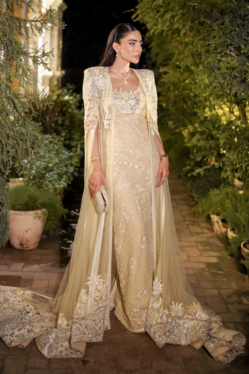 Pastel Yellow Brocade Embroidered Gown (2-Piece) - Image 3
