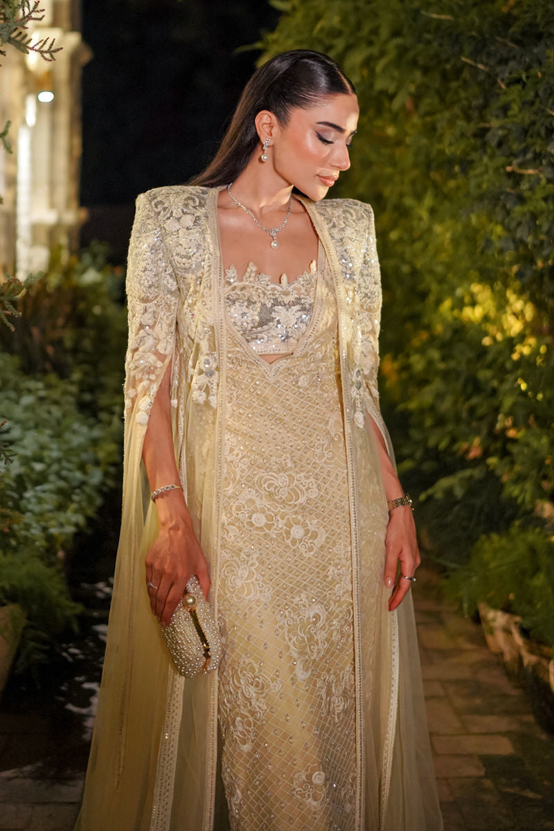 Pastel Yellow Brocade Embroidered Gown (2-Piece) - Image 4