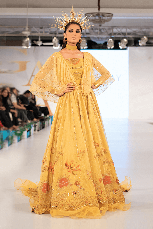 Pakistani Yellow 3D Handworked Maysuri Gown (1-Pc) - Image 1