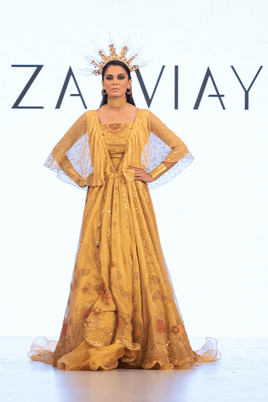 Pakistani Yellow 3D Handworked Maysuri Gown (1-Pc) - Image 2