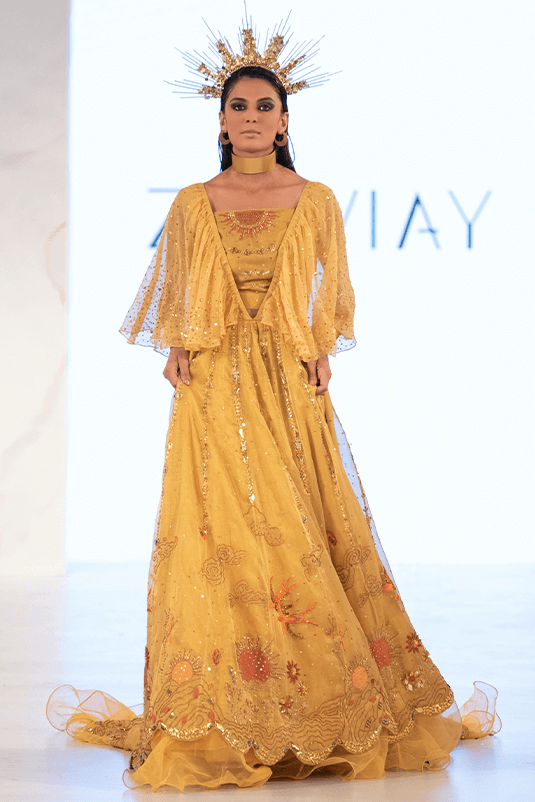Pakistani Yellow 3D Handworked Maysuri Gown (1-Pc) - Image 3