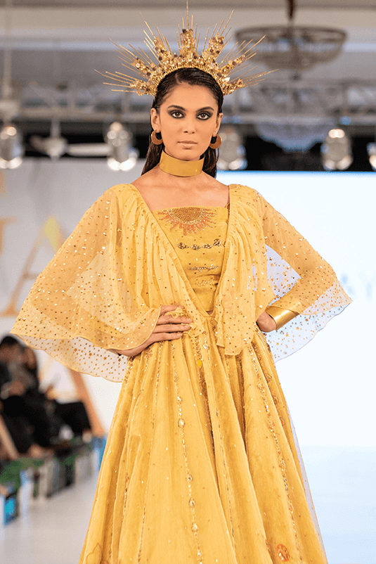 Pakistani Yellow 3D Handworked Maysuri Gown (1-Pc) - Image 4