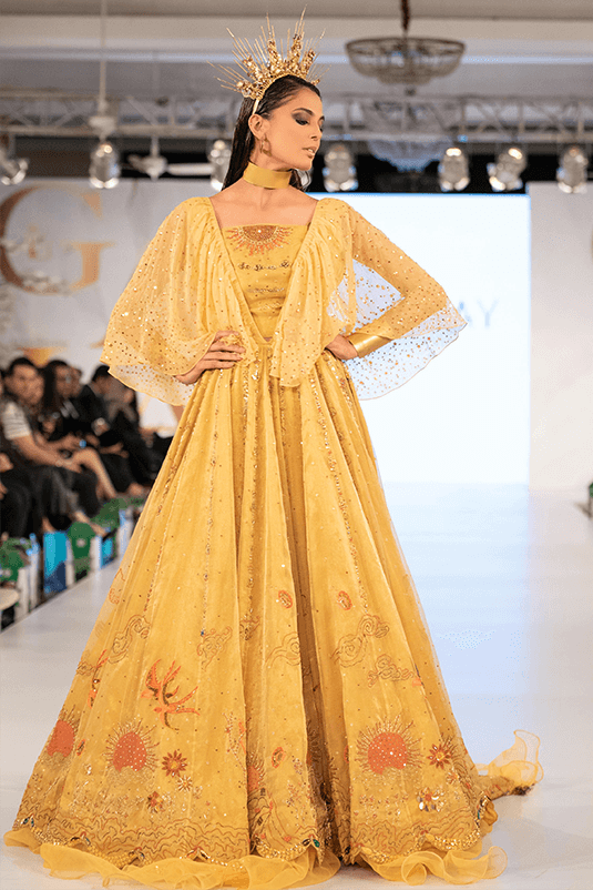 Pakistani Yellow 3D Handworked Maysuri Gown (1-Pc) - Image 5