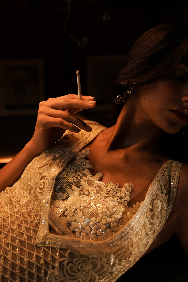 Pastel Yellow Brocade Embroidered Net Gown (3-Piece) - Image 9