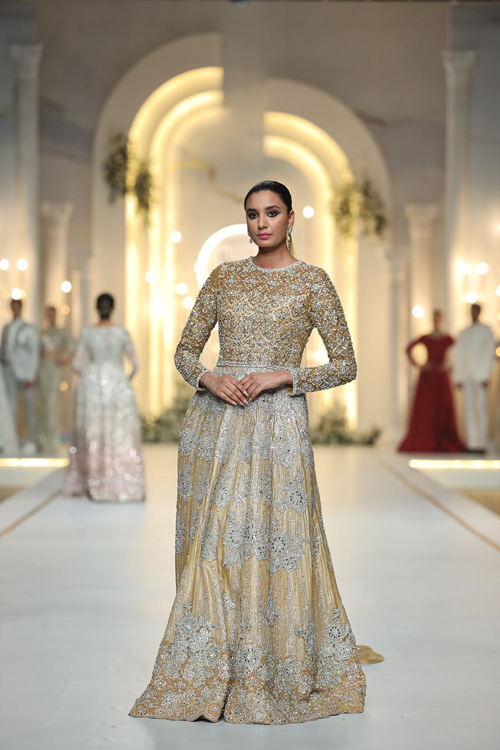 Pakistani Mustard Hand-Embellished Net Gown (1-Pc) - Image 1