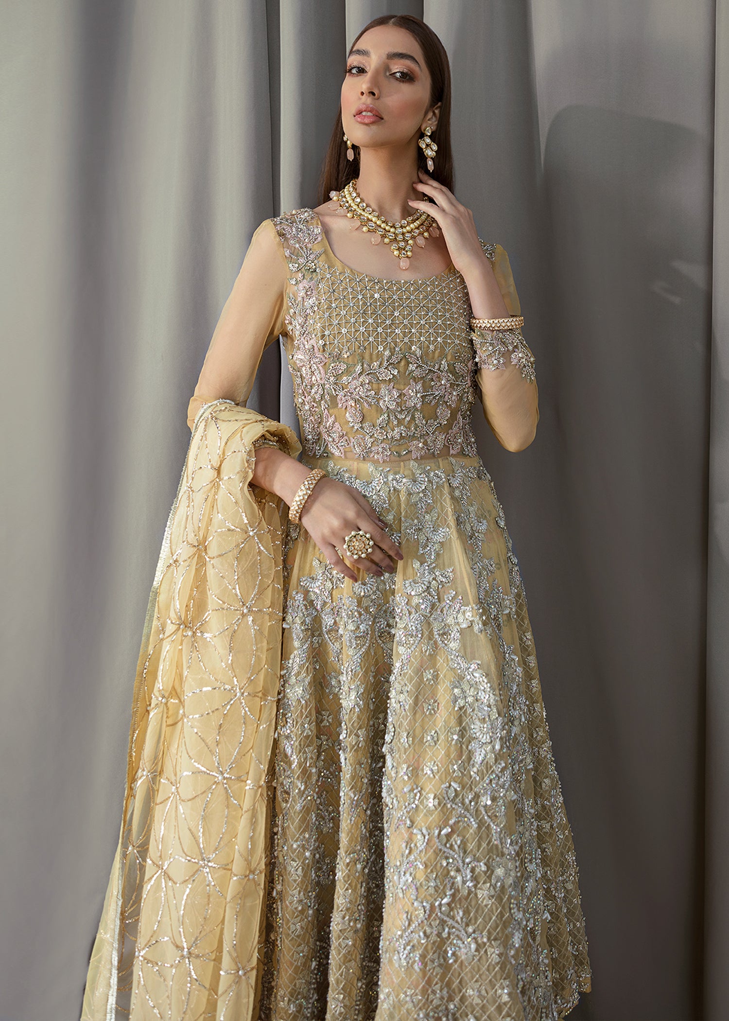 Lemon Yellow Embellished Net Gown (3-Piece) - Image 3