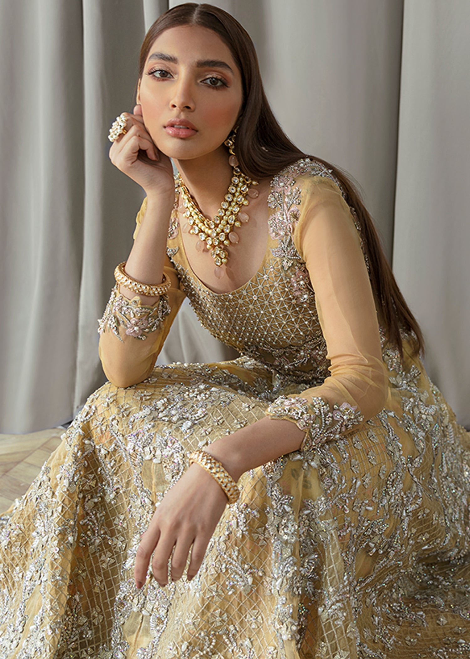 Lemon Yellow Embellished Net Gown (3-Piece) - Image 4