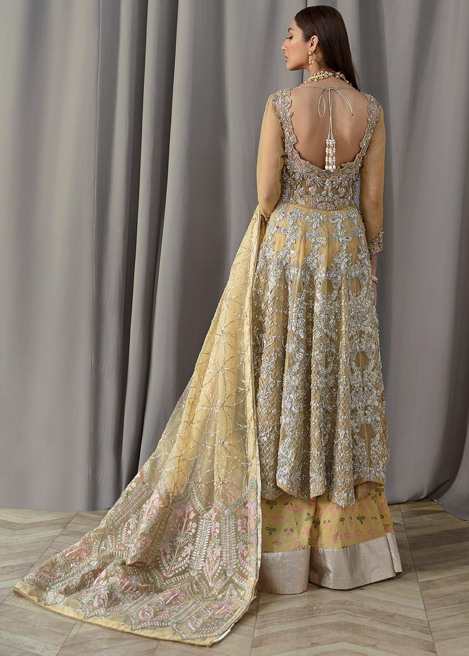 Lemon Yellow Embellished Net Gown (3-Piece) - Image 5