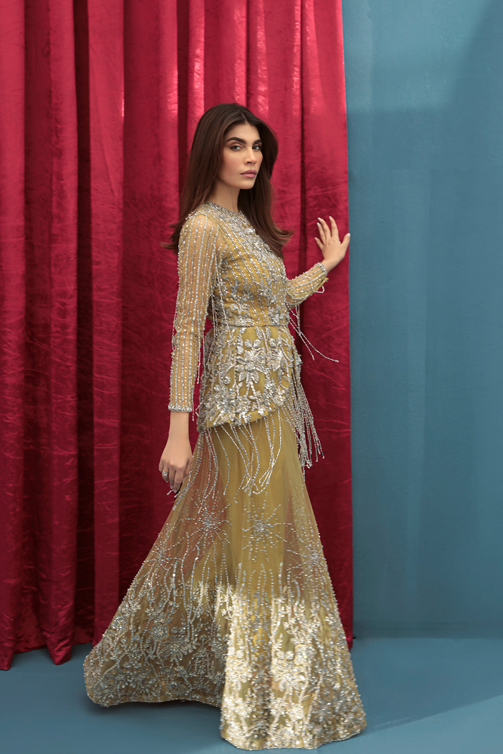 Indian Mustard Embellished Net Silk A-Line Gown (2-Piece) - Image 1