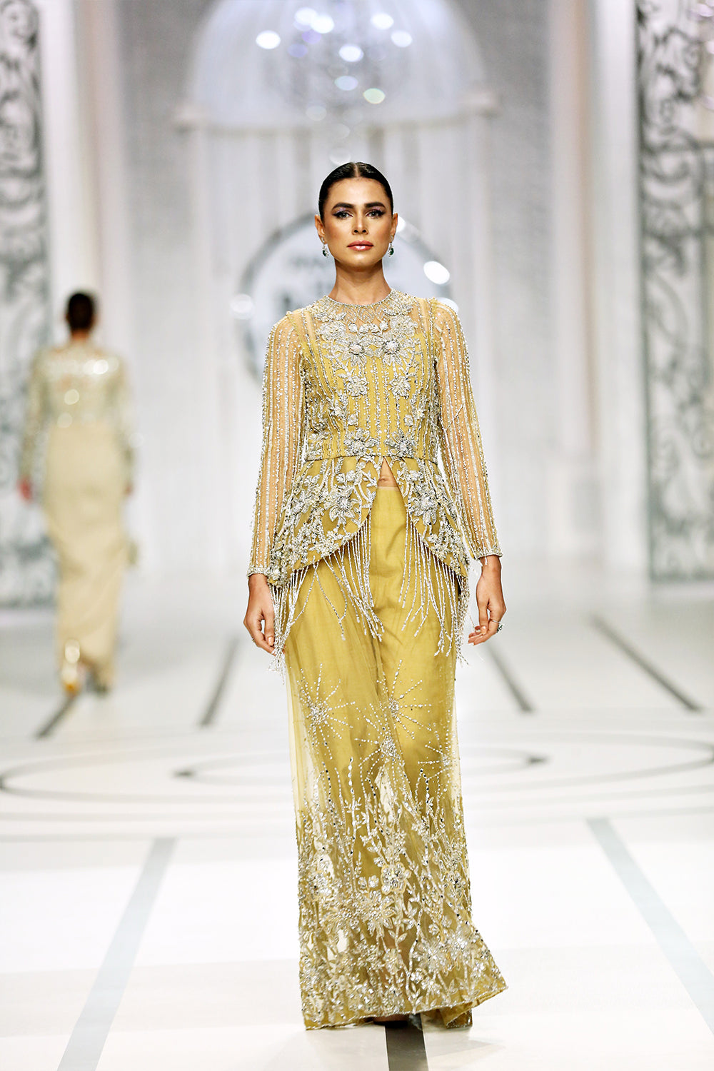 Indian Mustard Embellished Net Silk A-Line Gown (2-Piece) - Image 2