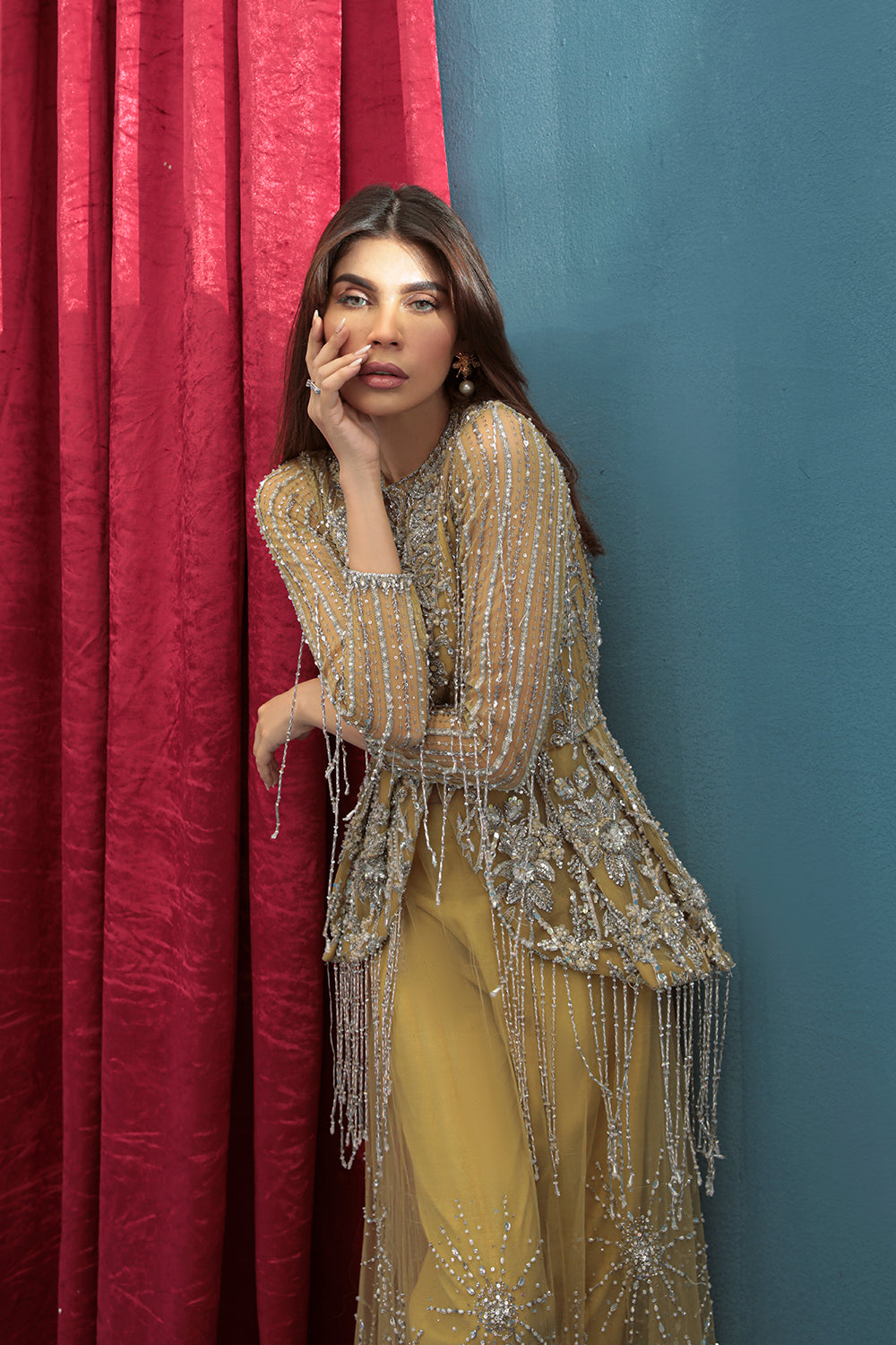 Indian Mustard Embellished Net Silk A-Line Gown (2-Piece) - Image 3