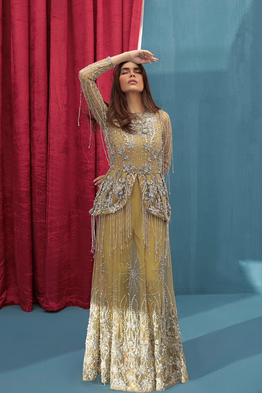 Indian Mustard Embellished Net Silk A-Line Gown (2-Piece) - Image 5