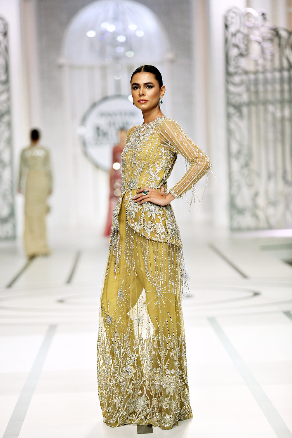 Indian Mustard Embellished Net Silk A-Line Gown (2-Piece) - Image 6