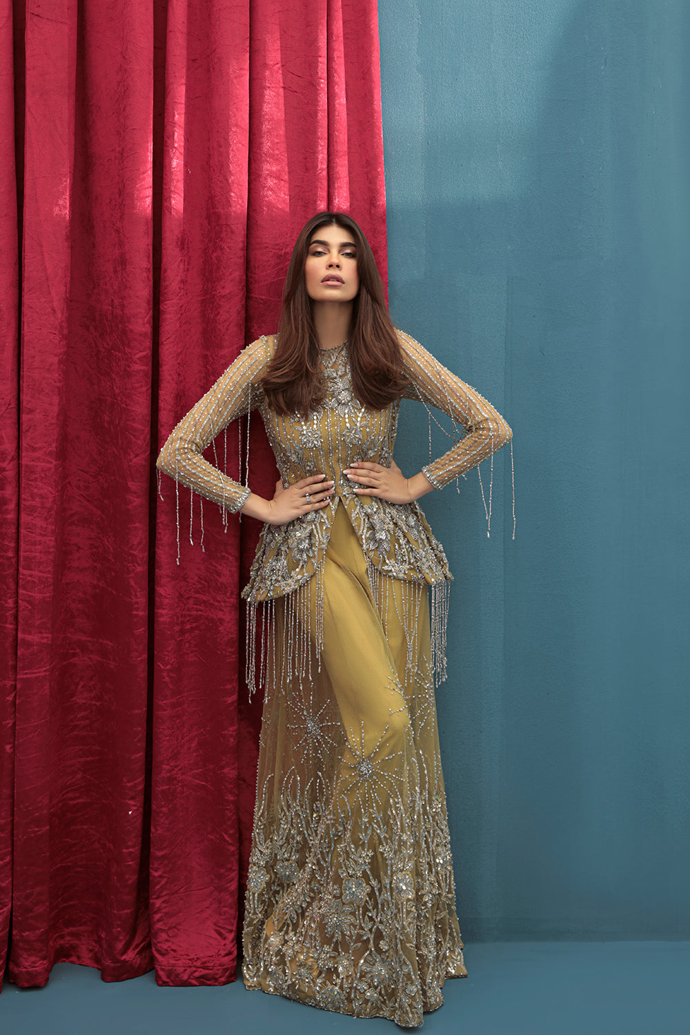 Indian Mustard Embellished Net Silk A-Line Gown (2-Piece) - Image 8