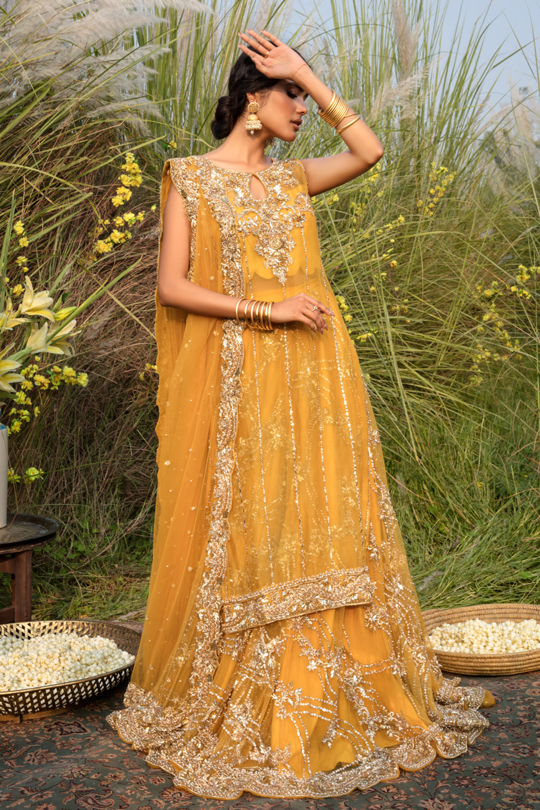 Mustard Yellow Embellished Net Gown (2-Piece) - Image 1