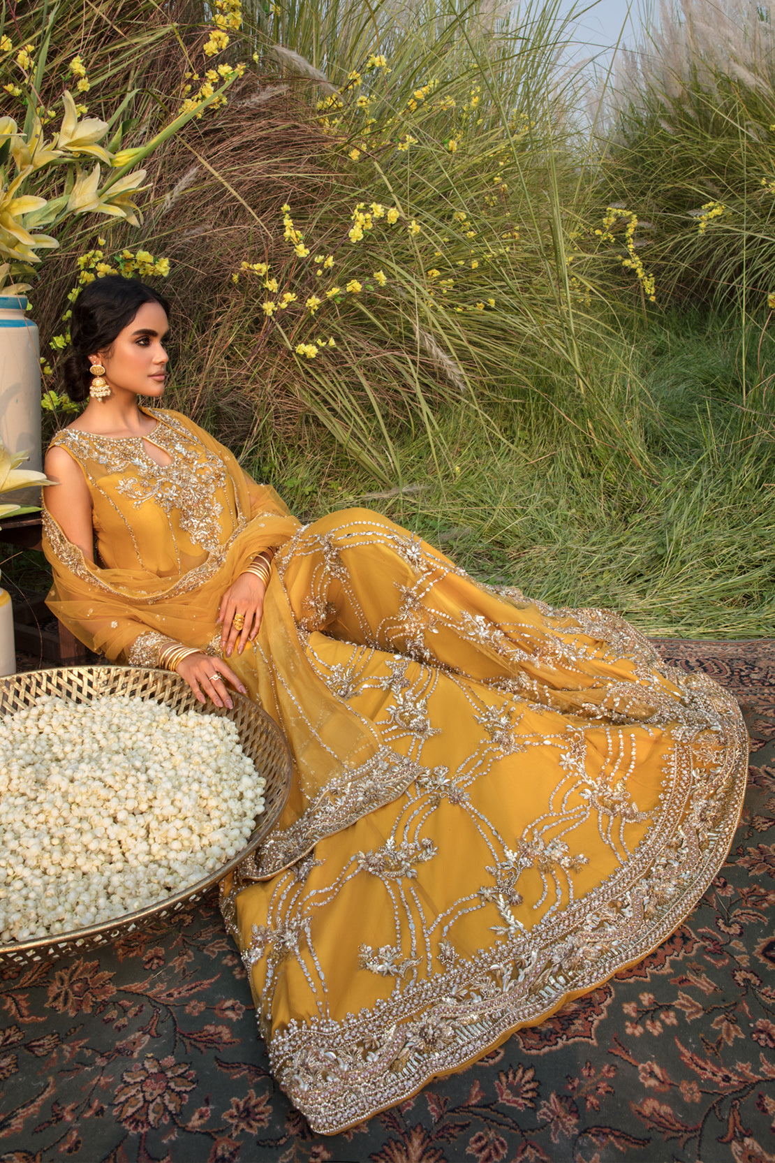 Mustard Yellow Embellished Net Gown (2-Piece) - Image 3