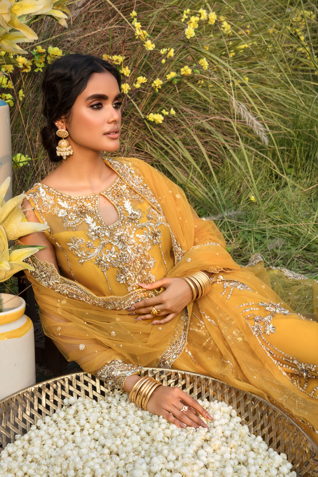 Mustard Yellow Embellished Net Gown (2-Piece) - Image 4