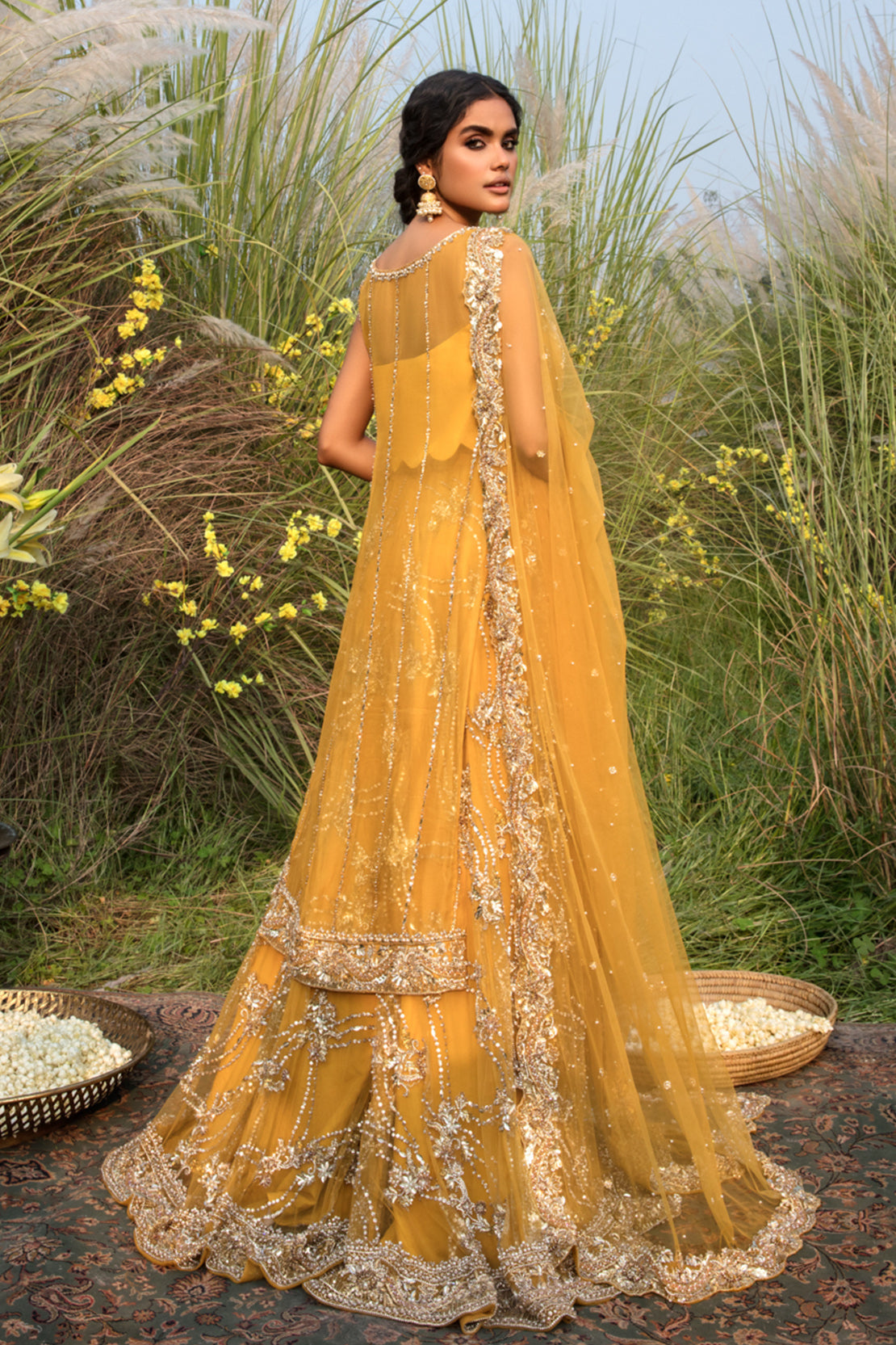 Mustard Yellow Embellished Net Gown (2-Piece) - Image 5