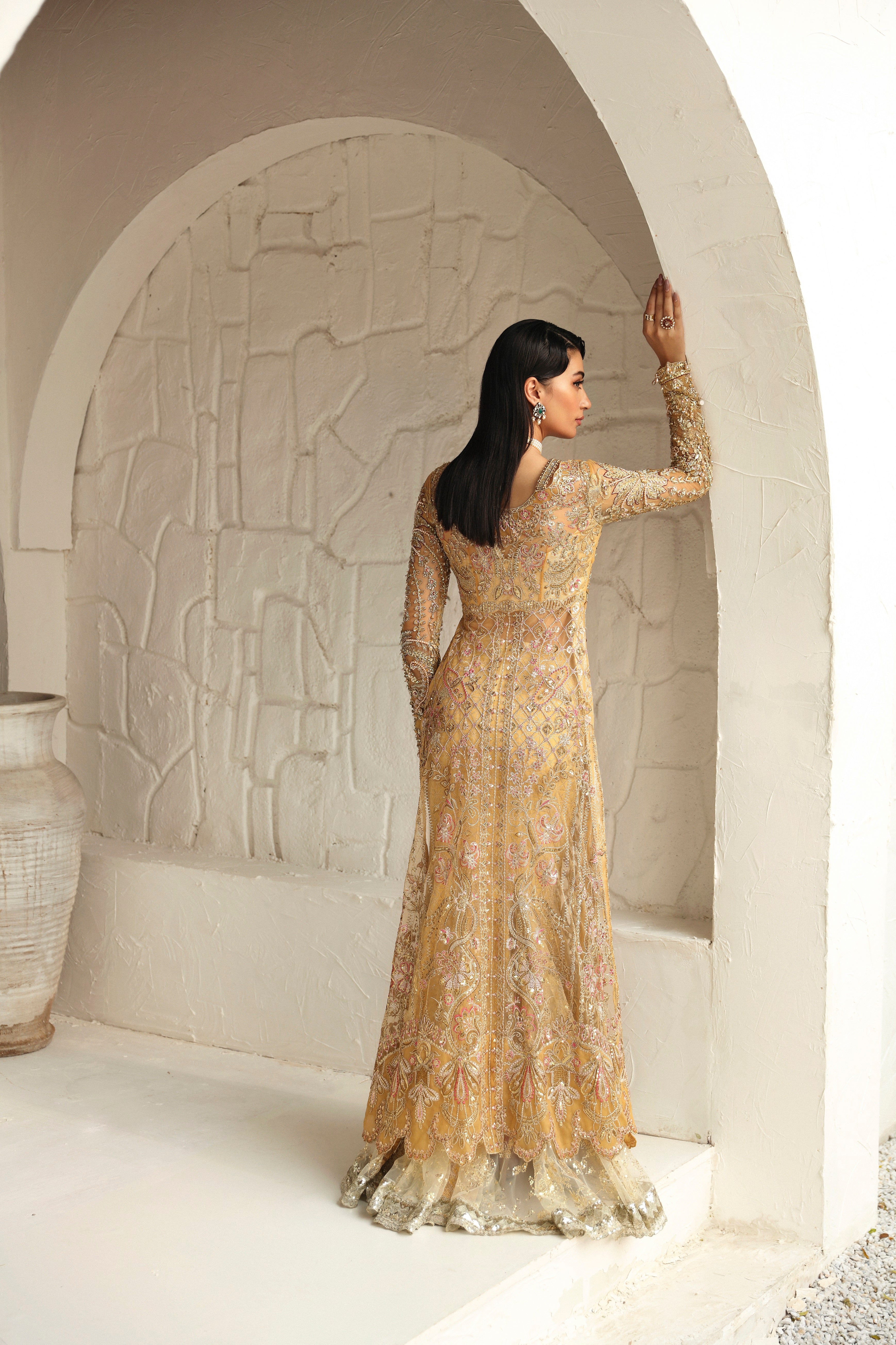 Subtle Yellow Embroidered Raw Silk & Net Gown (2-Piece) - Image 2