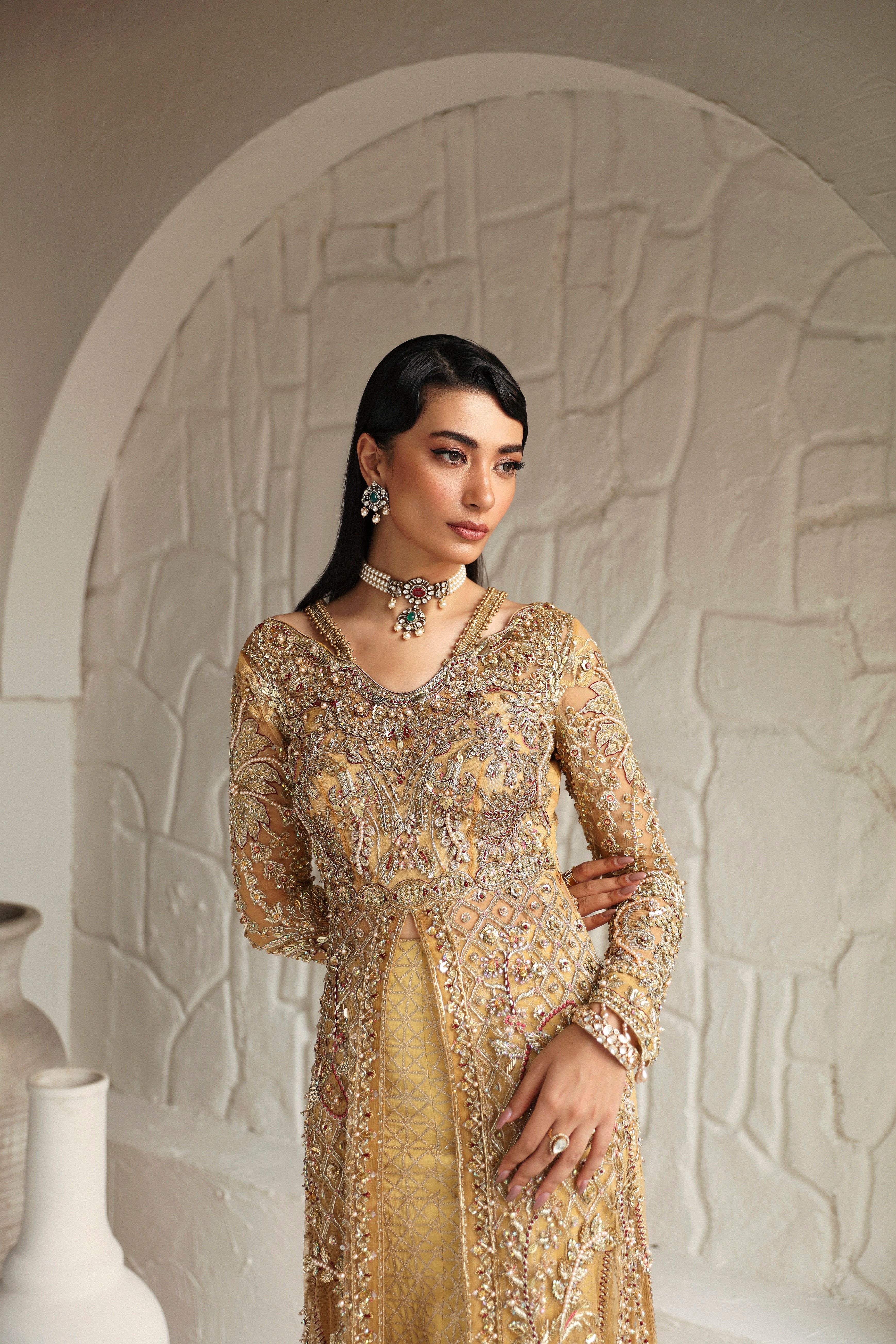 Subtle Yellow Embroidered Raw Silk & Net Gown (2-Piece) - Image 3