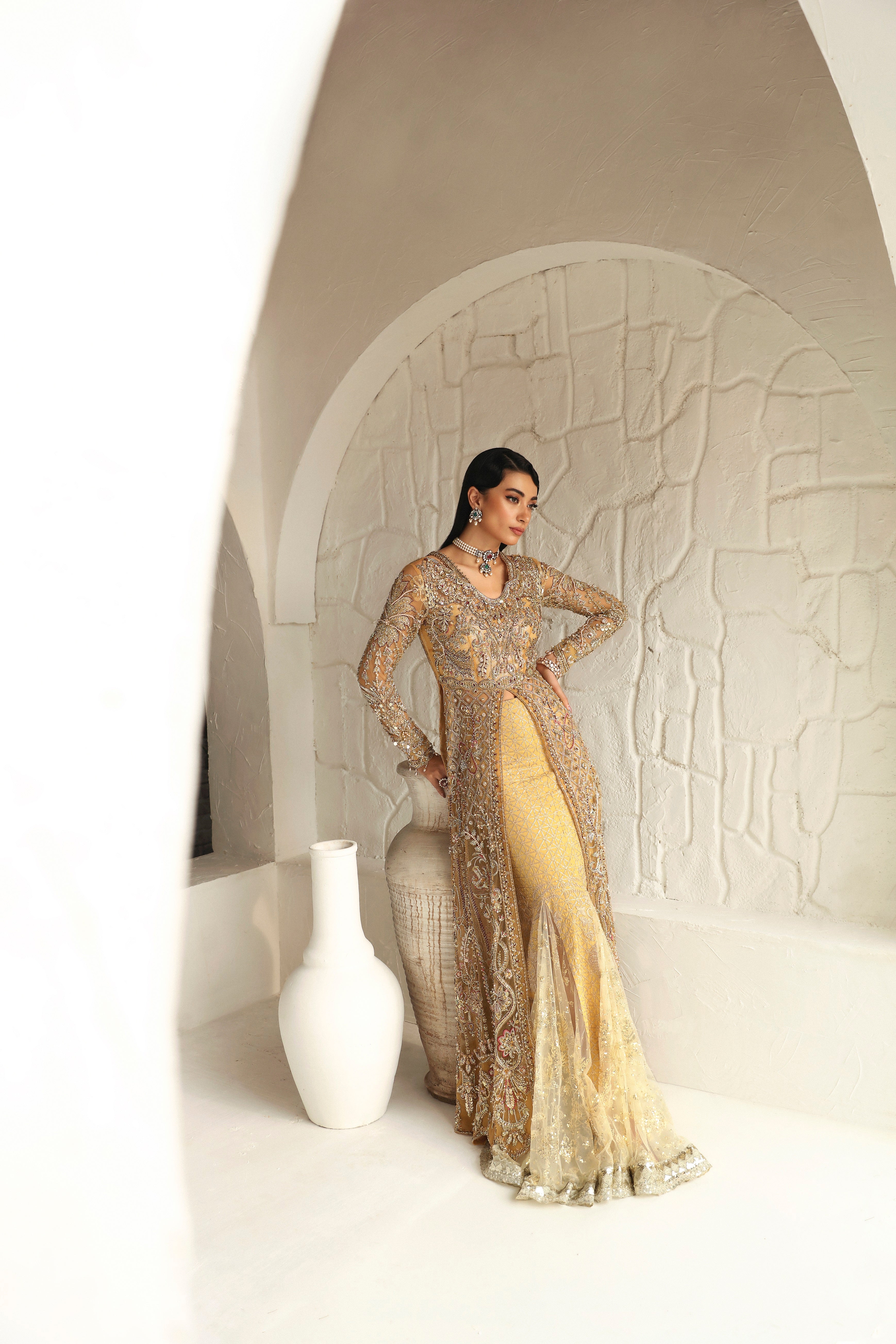Subtle Yellow Embroidered Raw Silk & Net Gown (2-Piece) - Image 4