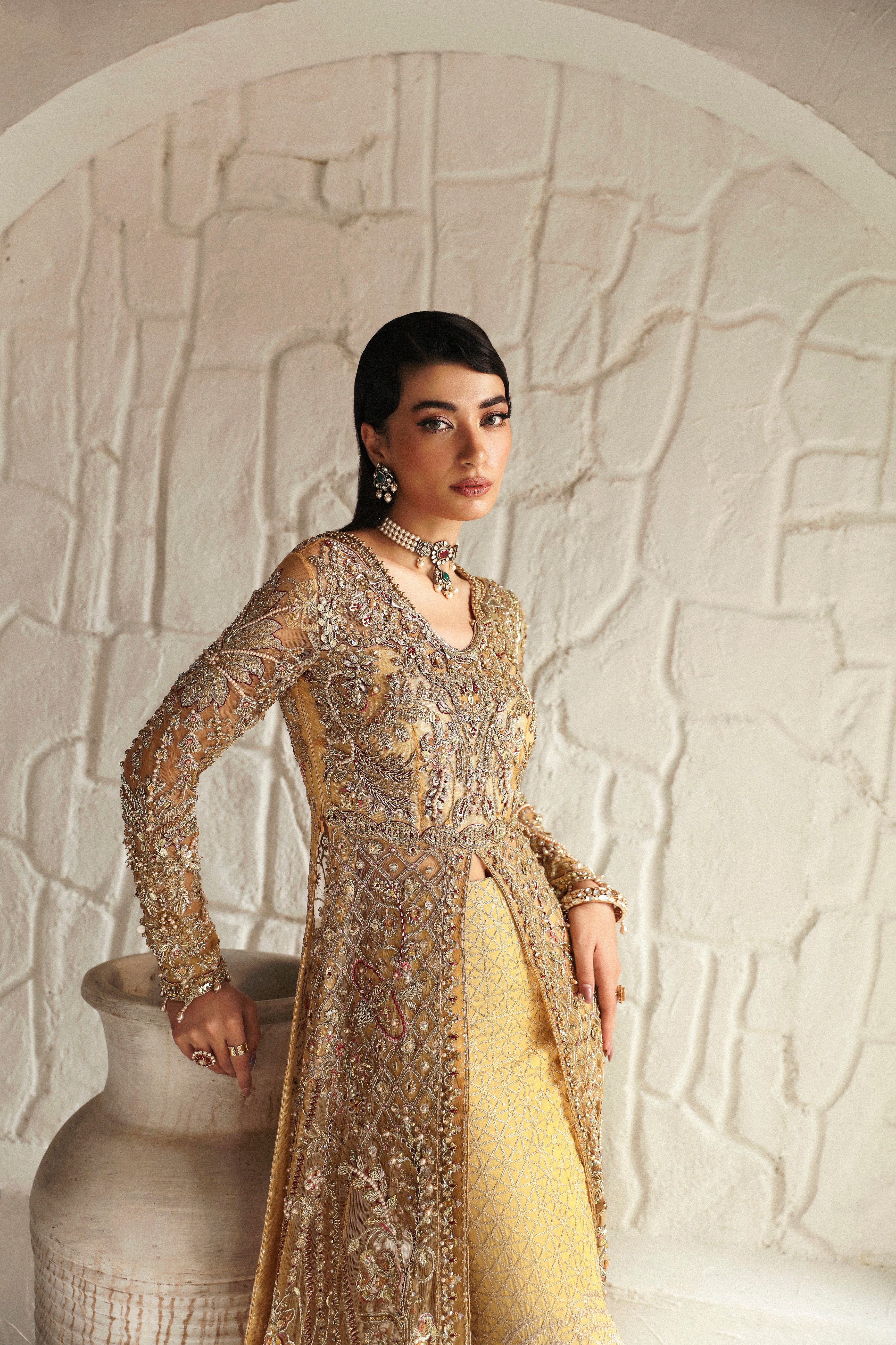 Subtle Yellow Embroidered Raw Silk & Net Gown (2-Piece) - Image 5