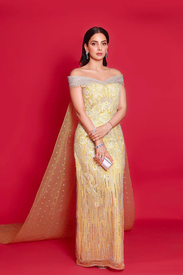 Pakistani Soft Yellow Crystal & Pearl Silk-Blend Maxi Dress (2-Piece) - Image 1