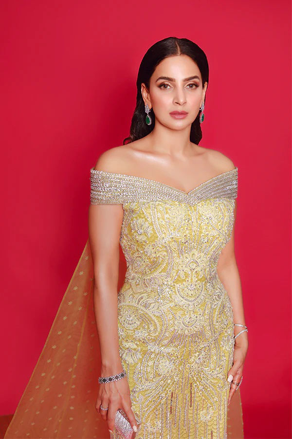 Pakistani Soft Yellow Crystal & Pearl Silk-Blend Maxi Dress (2-Piece) - Image 3