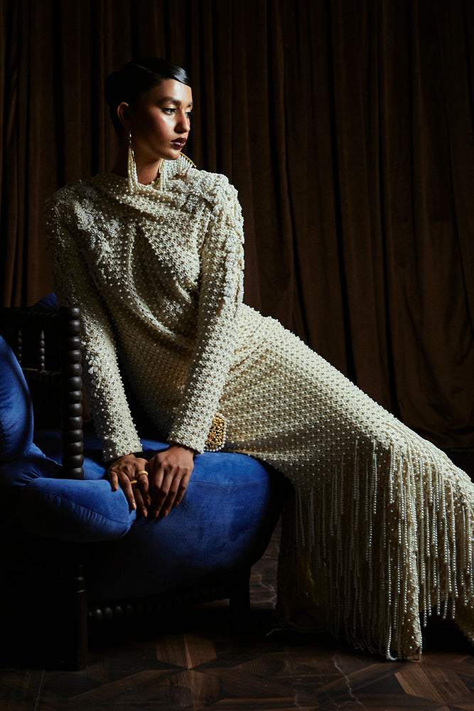 Pale Yellow Pearl-Embellished Gown (2-Piece) - Image 4