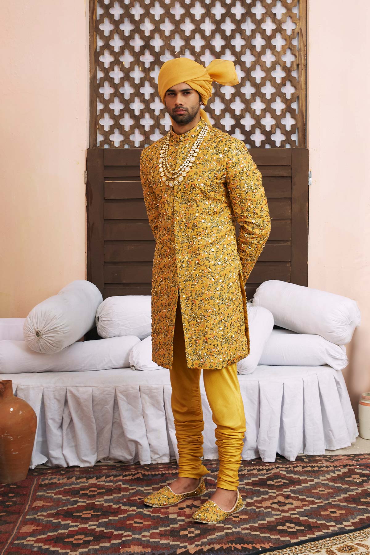 Mustard Gold Jaal Embroidered Silk Sherwani (2-Piece) - Image 1