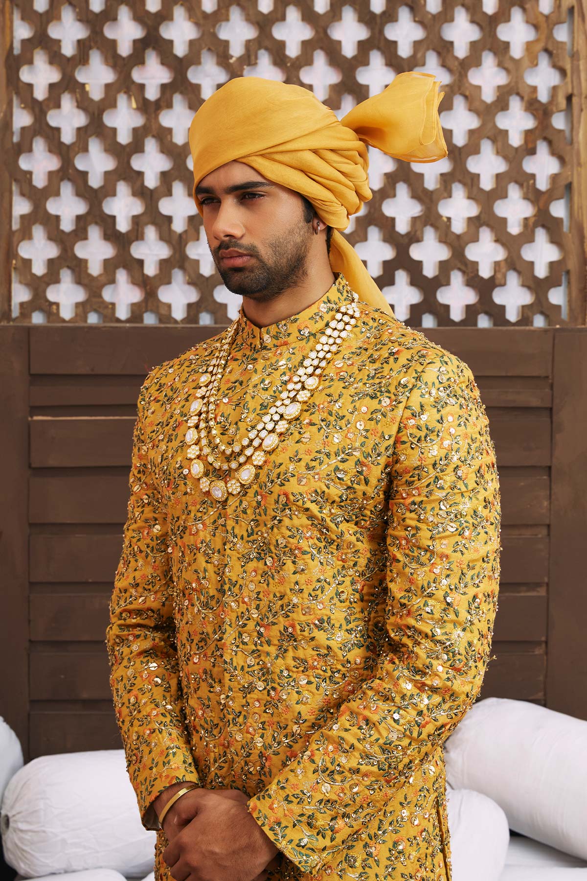 Mustard Gold Jaal Embroidered Silk Sherwani (2-Piece) - Image 2