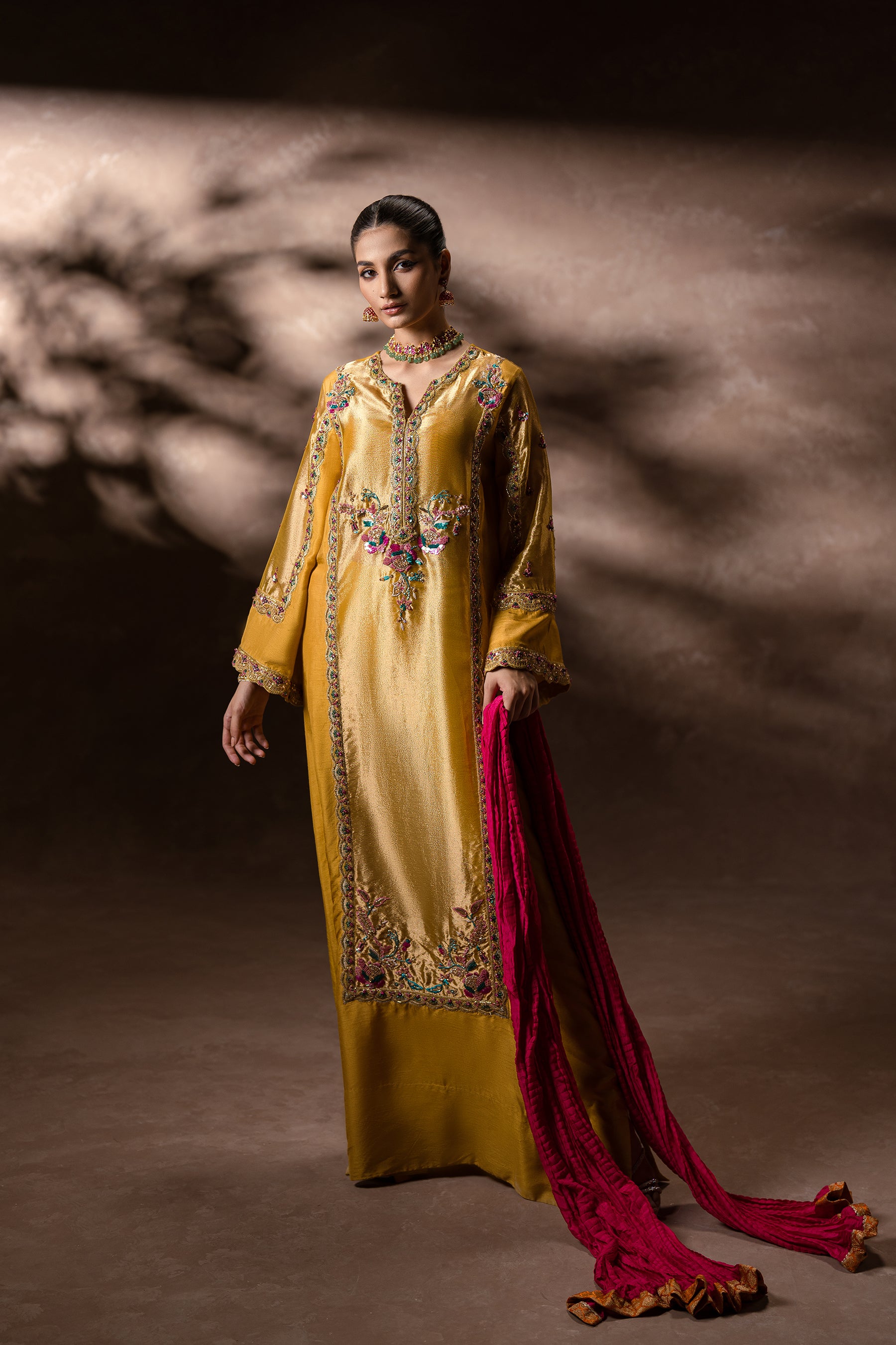 Pakistani Mustard Hand-Embellished Blended Silk Kaftan (2-Piece) - Image 1