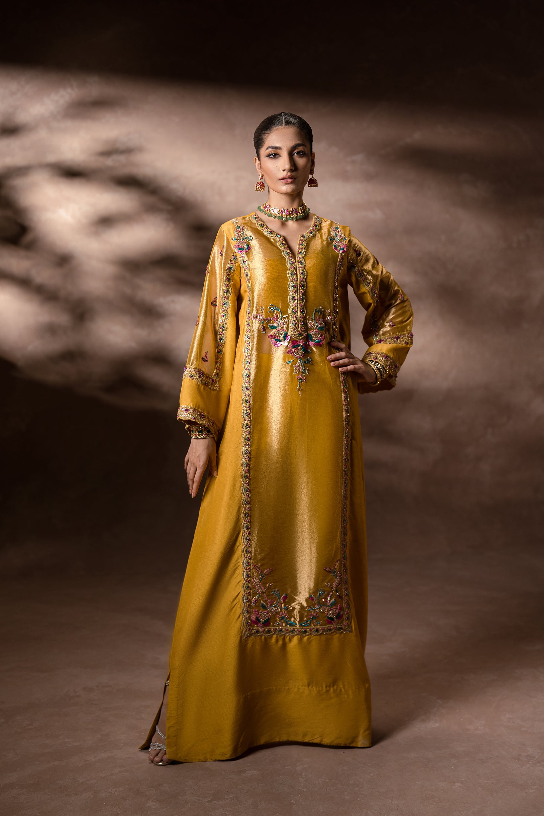 Pakistani Mustard Hand-Embellished Blended Silk Kaftan (3-Piece) - Image 2