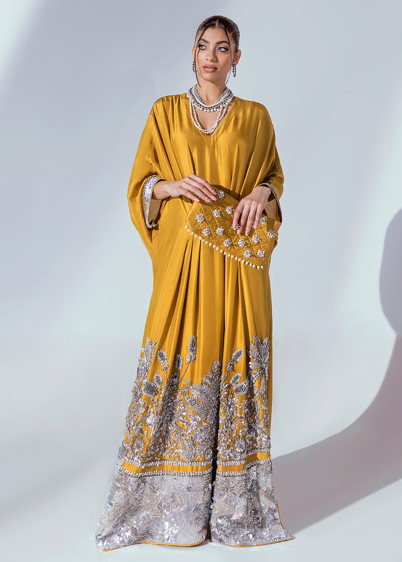Pakistani Mustard Hand-Embellished Raw Silk Kaftan (1-Pc) - Image 1