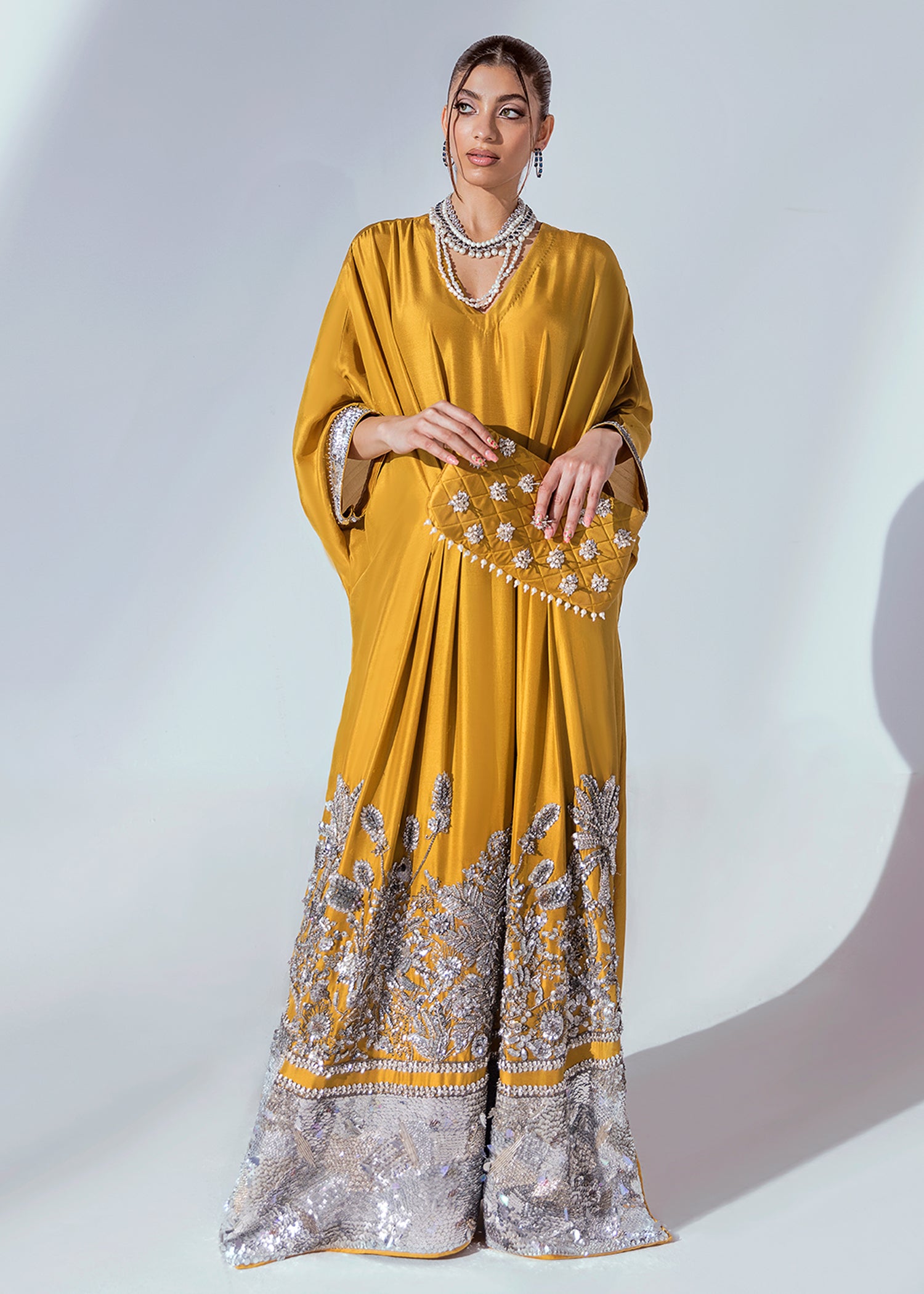 Pakistani Mustard Hand-Embellished Raw Silk Kaftan (1-Pc) - Image 2